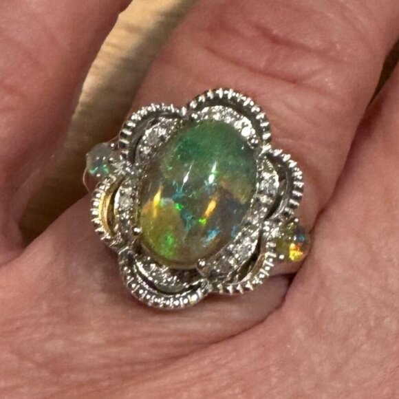 NWOB 925 Sterling Silver Opal and Diamond Ring Size 7 1/4 Signed JS - Picture 4 of 7